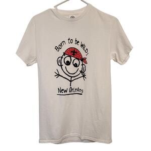 New Orleans Cartoon Graphic Tee Born to be Wild NOLA White Size S Short Sleeve